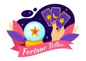 fortuna cajero vector ilustración con cristal pelota, magia libro o tarot para predice destino y narración el futuro concepto en plano dibujos animados antecedentes