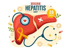 mundo hepatitis día vector ilustración en 28 julio de paciente enfermo hígado, cáncer y cirrosis en cuidado de la salud plano dibujos animados antecedentes diseño