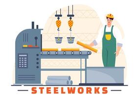 Steelworks Vector Illustration with Resource Mining, Smelting of Metal in Big Foundry and Hot Steel Pouring in Flat Cartoon Background Design