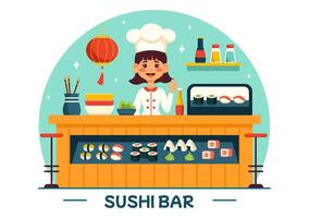 Sushi bar vector ilustración de Japón asiático comida o restaurante de sashimi y arroz para comiendo con soja salsa y wasabi en plano dibujos animados antecedentes