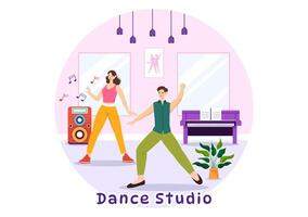 danza estudio vector ilustración con bailando parejas ejecutando acompañado por música en plano dibujos animados antecedentes diseño