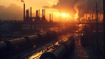 AI generated The sun sets behind an industrial landscape, casting a warm glow over an oil refinery and a rail yard bustling with activity. photo