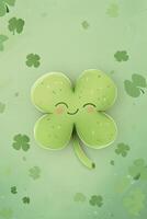 AI generated Lucky Charms, A Shamrock on a Pastel Green St Patricks Day Background, Radiating the Spirit of Irish Celebration. photo