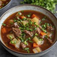 AI generated Closeup view of beef broth in a bowl photo