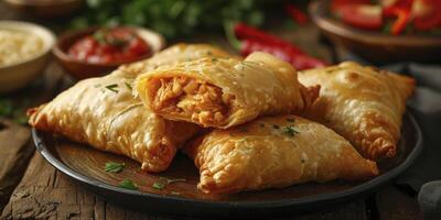 AI generated Samosa featuring a savory filling of chicken, minced meat, potato, and vegetables, presented on a wooden background. photo