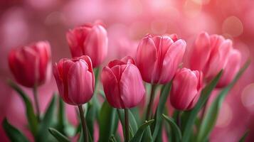 ai generado bandera vibrante rosado tulipanes ramo de flores fondo, Perfecto para de la madre día saludo tarjetas y primavera celebraciones, con suave bokeh efecto para elegante diseños foto