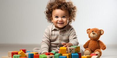 ai generado alegre pelo rizado niñito con vistoso bloques y felpa oso, niño jugar y aprendiendo. foto