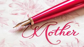 AI generated Elegant pink fountain pen on floral card with 'Mother' calligraphy, perfect for Mother's Day designs, invitations, and greetings photo