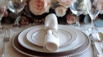 AI generated Luxurious tableware setting with elegant napkin ring, fine china, and sophisticated silverware for romantic dinners and special events photo