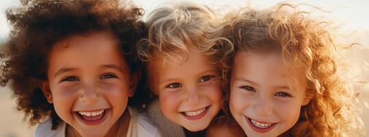 ai generado radiante niños con Rizado pelo compartiendo sonrisas en dorado luz, un retrato de felicidad y amistad foto