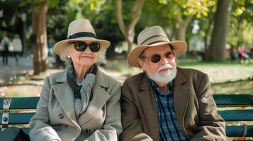 ai generado mayor Pareja disfrutando pacífico hora en parque banco, elegante personas mayores con sombreros en otoño foto
