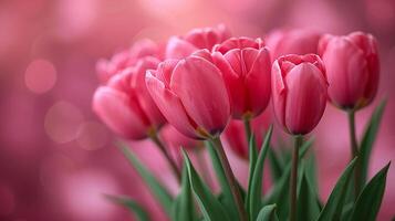 ai generado bandera vibrante rosado tulipanes ramo, Perfecto de la madre día fondo, ideal para saludo tarjetas y primavera promociones foto