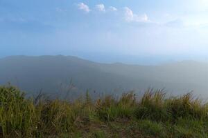 The foreground is covered with grass. Landscape view of mountain ranges lined up background. Under fog covers the sky. At Phu Langka Phayao Province of Thailand. photo