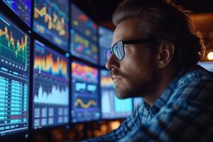 AI generated A focused analyst with glasses examines multiple data screens, displaying colorful financial charts and graphs in a dimly lit control room setting. photo