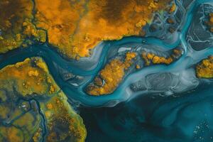 AI generated An aerial shot captures the surreal beauty of a river meandering through mineral-rich landscapes, characterized by a striking contrast of vivid yellow deposits and the dark photo