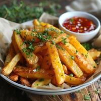 AI generated CRISPY FRENCH FRIES WITH KETCHUP ISOLATED IN A WOODEN TABLE photo