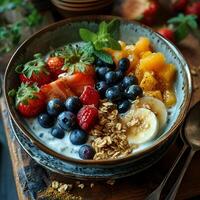 AI generated healthy and delicious fruit bowl for breakfast photo