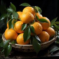 AI generated lots of fresh oranges in a basket  isolated on the dark background photo