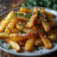 AI generated CRISPY FRENCH FRIES WITH KETCHUP ISOLATED IN A WOODEN TABLE photo