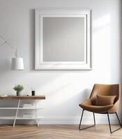 ai generado Bosquejo de un llanura blanco marco en un estudiar interior con rústico decoración, 3d representación foto