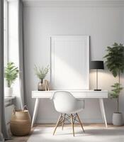 AI generated Mockup of a plain white frame in a study interior with rustic decor, 3d rendering photo