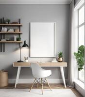 AI generated Mockup of a plain white frame in a study interior with rustic decor, 3d rendering photo