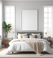 AI generated plain white frame in a cozy bedroom, 3d rendering photo