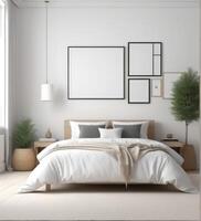 AI generated plain white frame in a cozy bedroom, 3d rendering photo