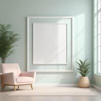 AI generated Mockup plain white frame in interior background, room with light pastel colors, 3d rendering photo