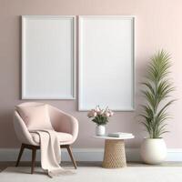 AI generated Mockup plain white frame in interior background, room with light pastel colors, 3d rendering photo