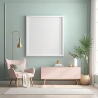 AI generated Mockup plain white frame in interior background, room with light pastel colors, 3d rendering photo