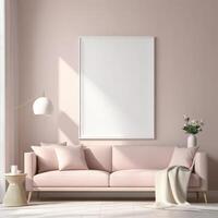 AI generated Mockup plain white frame in interior background, room with light pastel colors, 3d rendering photo