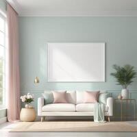 AI generated Mockup plain white frame in interior background, room with light pastel colors, 3d rendering photo