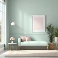 AI generated Mockup plain white frame in interior background, room with light pastel colors, 3d rendering photo