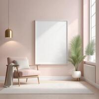 AI generated Mockup plain white frame in interior background, room with light pastel colors, 3d rendering photo