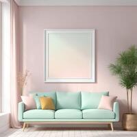 AI generated Mockup plain white frame in interior background, room with light pastel colors, 3d rendering photo