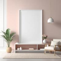 AI generated Mockup plain white frame in interior background, room with light pastel colors, 3d rendering photo