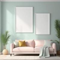 AI generated Mockup plain white frame in interior background, room with light pastel colors, 3d rendering photo