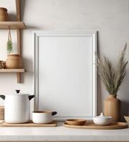 AI generated Mockup of a plain white frame in the interior of a nomadic boho kitchen with rustic decor, 3d rendering photo