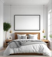 AI generated plain white frame in a cozy bedroom, 3d rendering photo