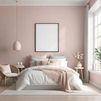 AI generated Mockup plain white frame in interior background, room with light pastel colors, 3d rendering photo