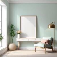 AI generated Mockup plain white frame in interior background, room with light pastel colors, 3d rendering photo