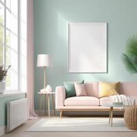 AI generated Mockup plain white frame in interior background, room with light pastel colors, 3d rendering photo