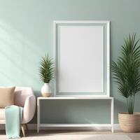 AI generated Mockup plain white frame in interior background, room with light pastel colors, 3d rendering photo