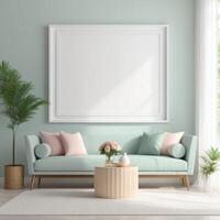 AI generated Mockup plain white frame in interior background, room with light pastel colors, 3d rendering photo