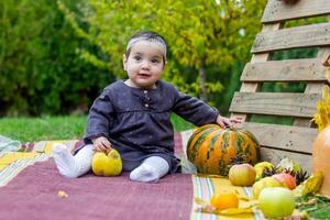 the little child playing in the park with fruits, little girl in the autumn park photo