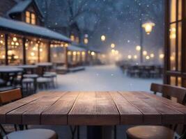 ai generado un de madera mesa en frente de un ventana con un Nevado noche escena. ai generativo foto