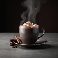 AI generated A steaming cup of hot Cocoa with whipped cream on top, surrounded by cinnamon sticks and cookies. ai generative photo