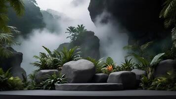 AI generated empty podium For displaying products, a rock slide decorated with mist and tropical plants. ai generative photo