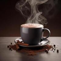 AI generated A steaming cup of hot Cocoa with whipped cream on top, surrounded by cinnamon sticks and cookies. ai generative photo